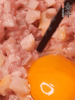 豬肉末、咸肉丁，分次加蔥姜水，一勺糖、一丟白胡椒，春筍丁，打入一個雞蛋